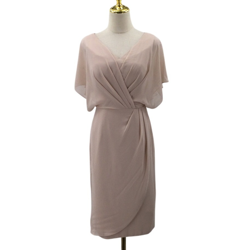 AW BRIDAL SZ 2 XS taupe chiffon faux wrap capelet knee length dress NEW B39